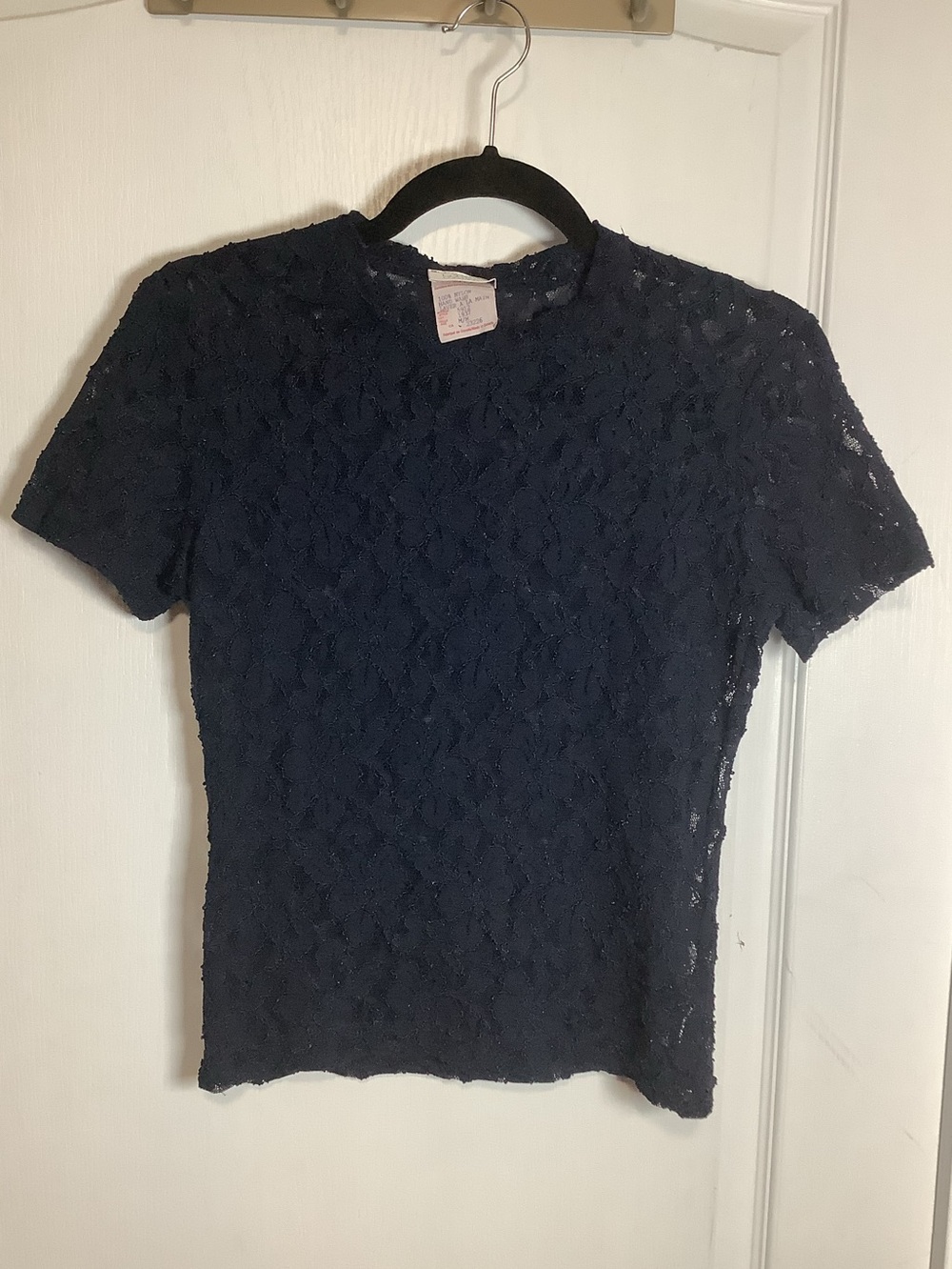 Vintage Y2K La SENZA Women's Lace Short-Sleeve Top - Navy